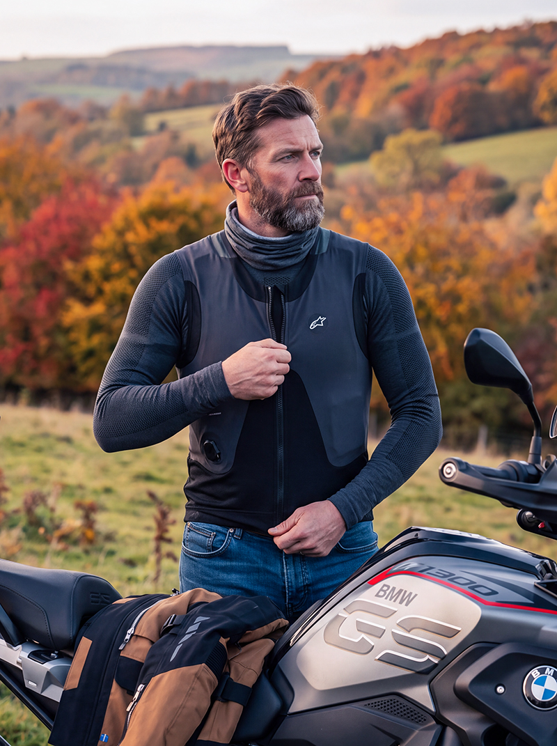 Guy wearing Alpinestars Tech Air 5 Plasma airbag vest in autumn